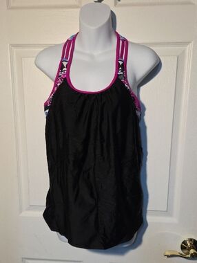 Black Pink Patterned Swim Workout Tankini Top Bra Sz M